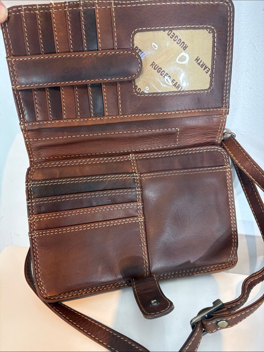 Rugged Earth Full Grain brown Leather Organizer Crossbody Wallet Bag